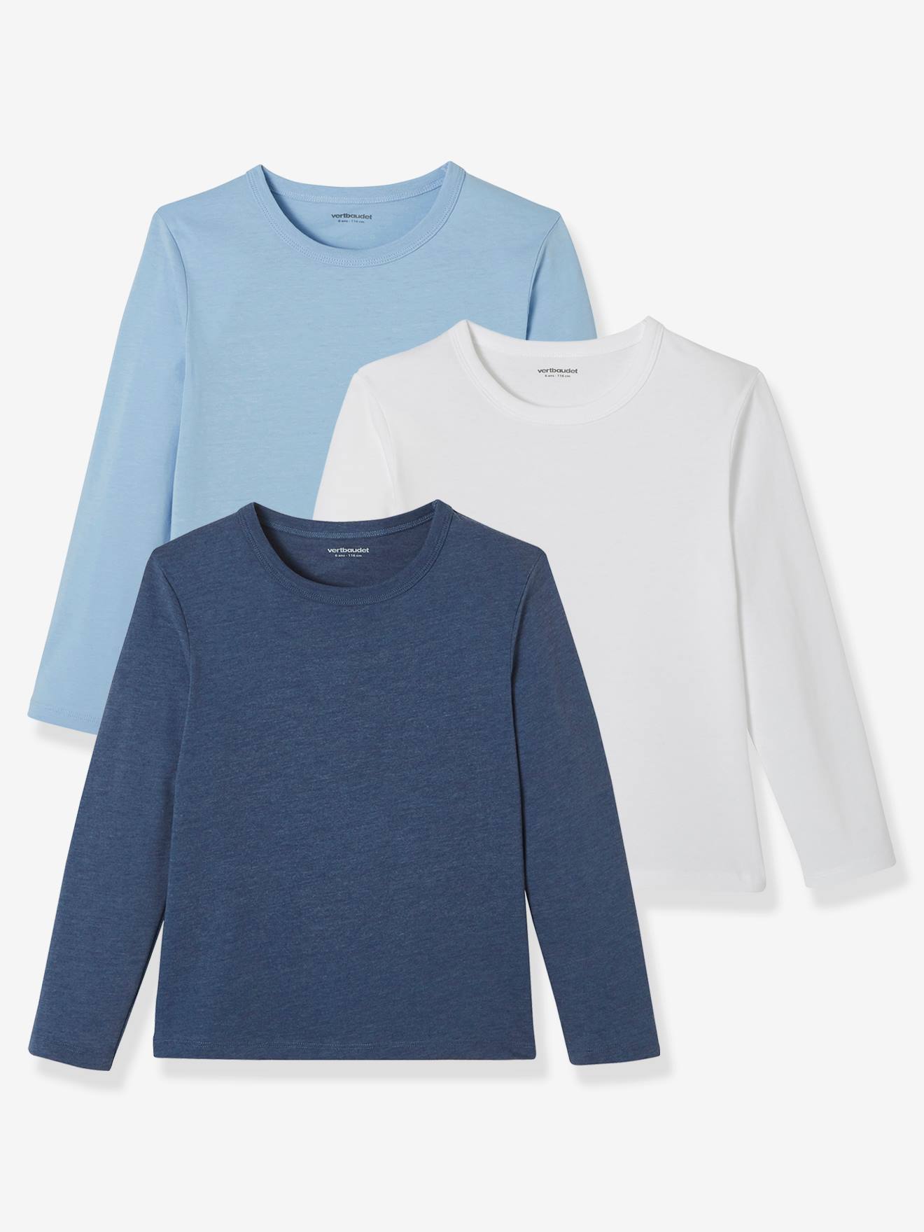 Lote de 3 camisetas de manga comprida para meninos, lisas e brancas.