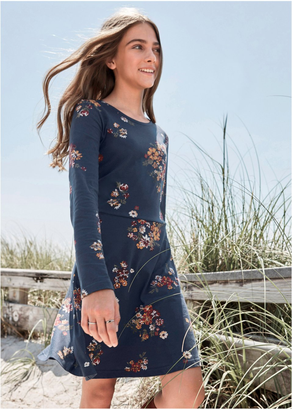 Robe fille à manches longues en jersey à fleurs