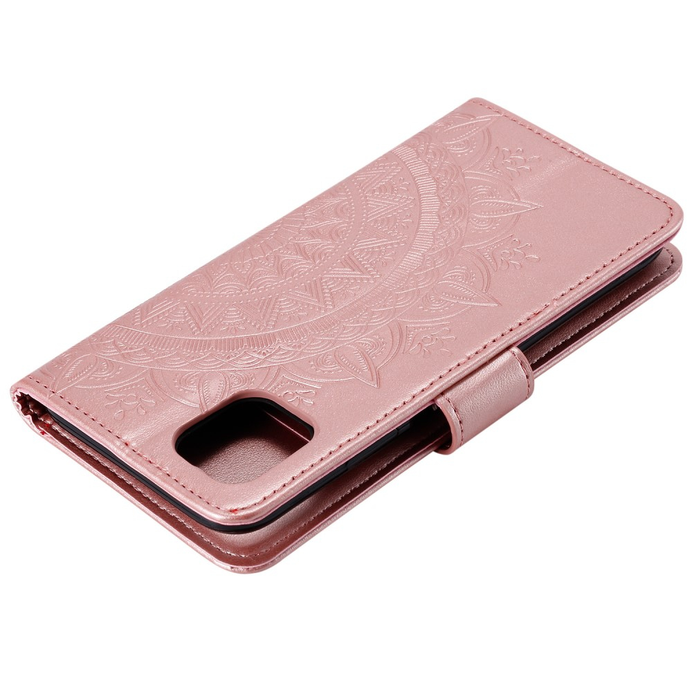 iPhone 13 Pro Leder Tasche Wallet - Mandala Flowers Imprint - Roségold