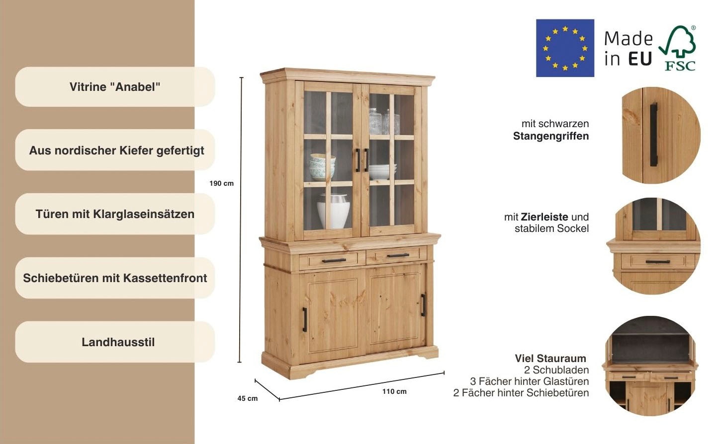 Home affaire Vitrine »Anabel« aus massiver Kiefer, FSC®, Breite 110 cm