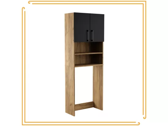 Armoire de salle de bain pour machine à laver et sèche-linge, colonne de rangement pour électroménager en chêne noir.
