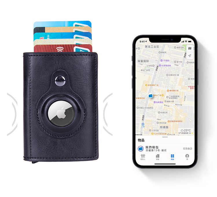 Apple AirTag Wallet Mini Kreditkarten Portemonnaie Leder Geldbörse mit Kartenauswurf-Mechanismus für 10 Karten - Braun