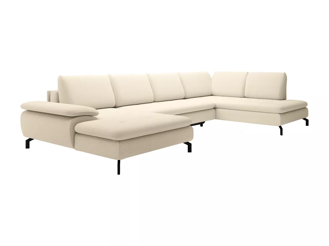 Grand canapé d'angle droit panoramique convertible en tissu texturé beige ARCHIBALD