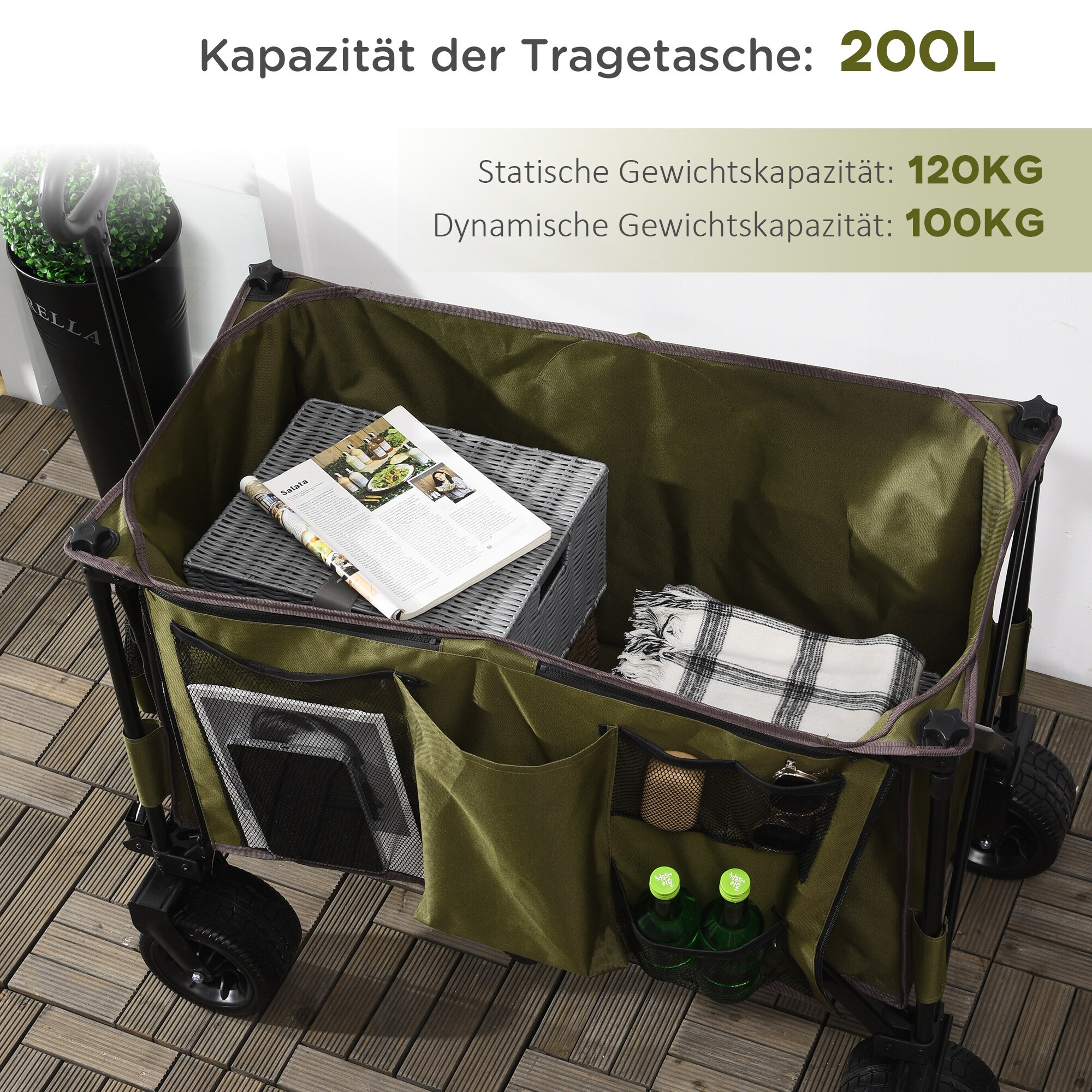 Outsunny Bollerwagen mit Seitentasche grün 100L x 48B x 100,5H cm