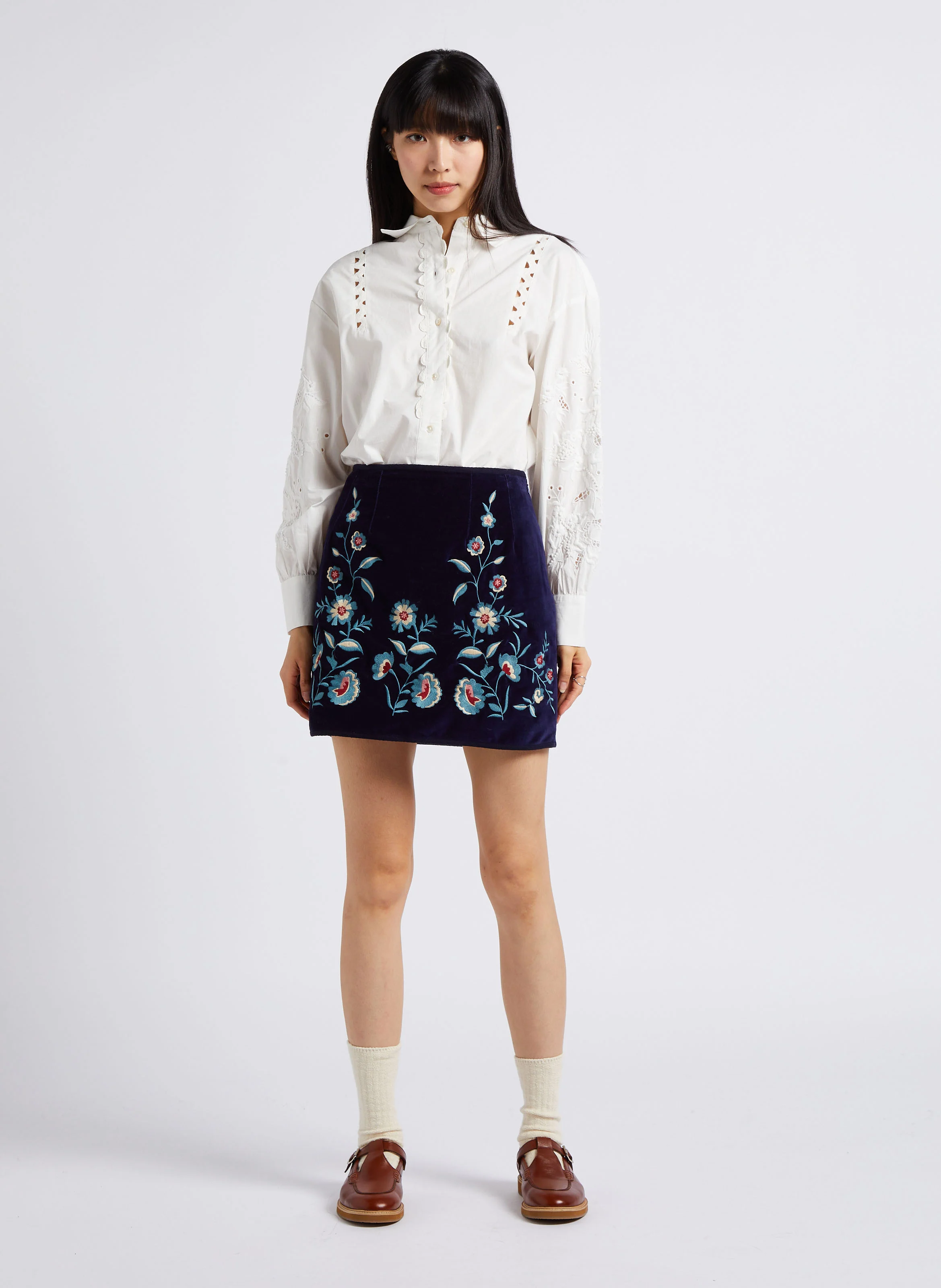 MAE - Jupe courte brodée velours en coton bio | Bleu