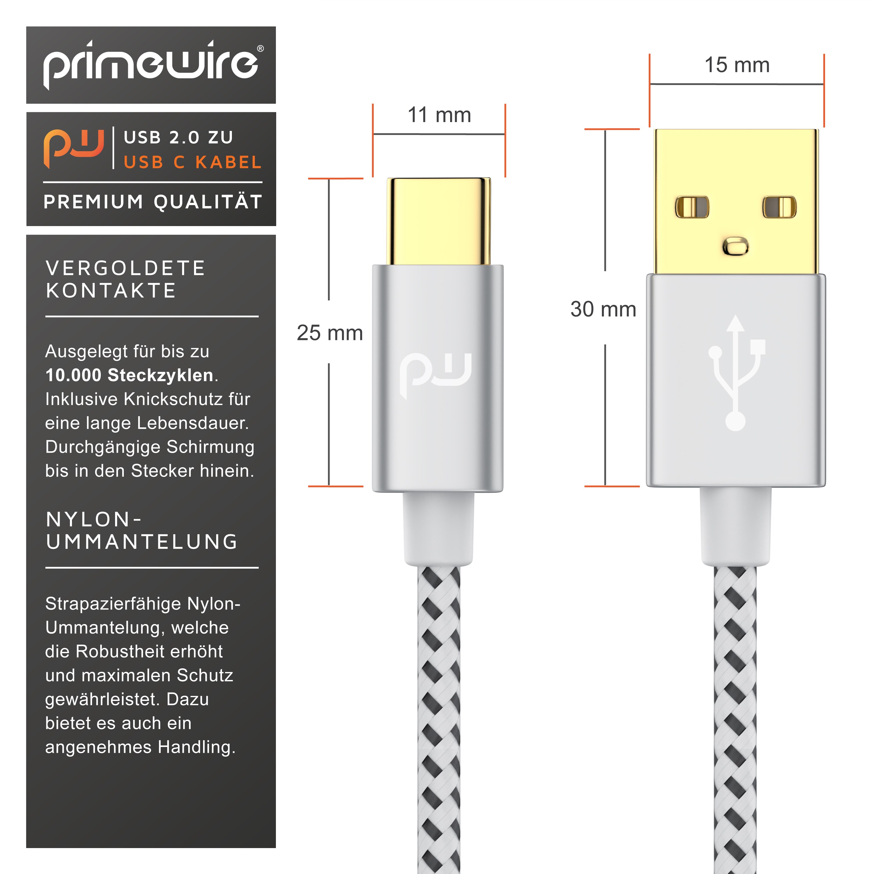Primewire USB-C 3.1 zu USB 3.0 Typ A Kabel, Ladekabel, Datenkabel, Adapterkabel für Smartphone & Tablet - 2m