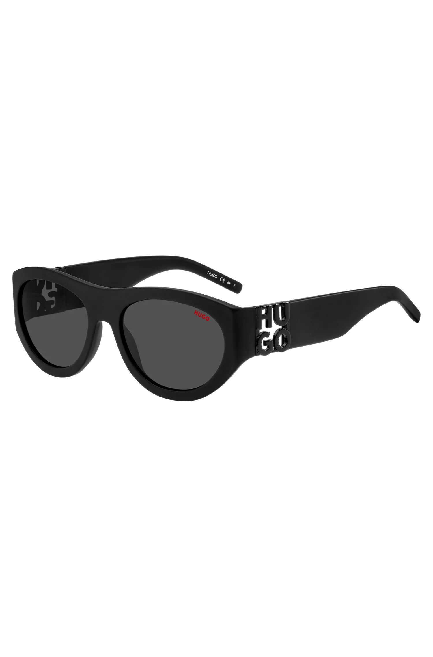 Óculos de sol HUGO em acetato vermelho e preto com monograma 3D.