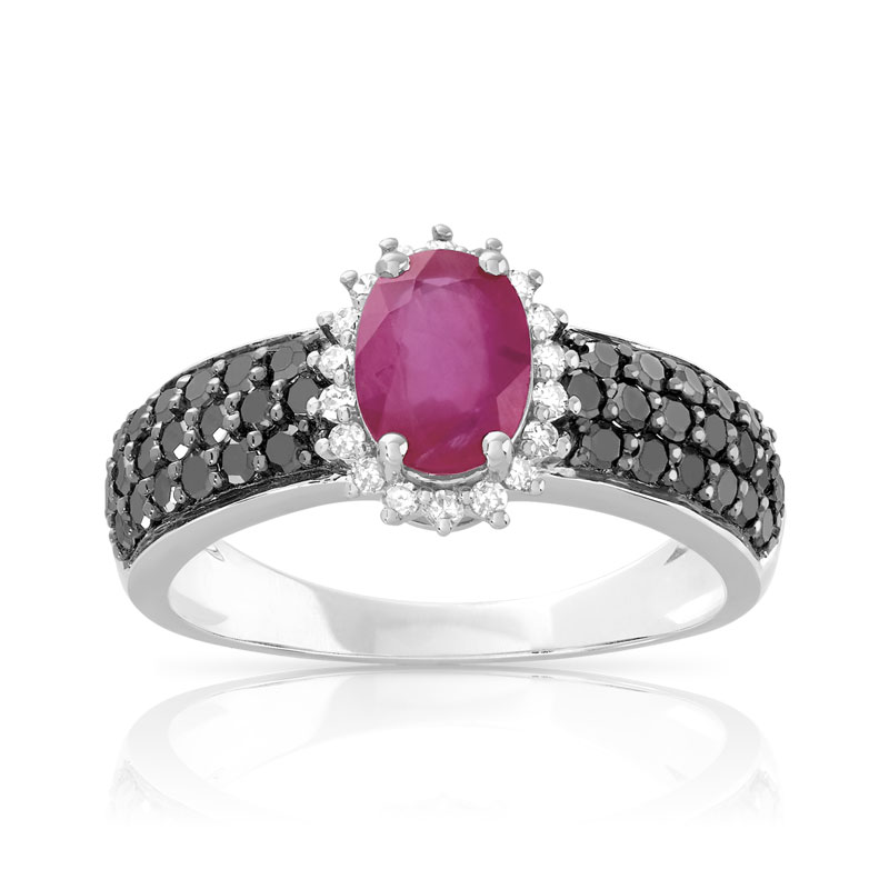 Bague or 750 blanc rubis ovale et diamants noirs et blancs