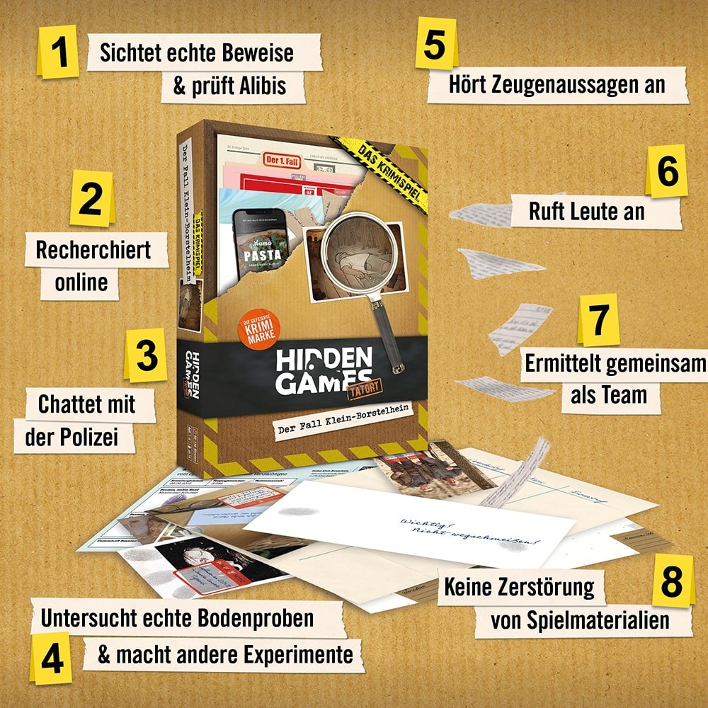Hidden Games Tatort Brettspiel Krimi Gesellschaftsspiel für Familien / Kinder (HID00001) - Der Fall Klein-Borstelheim 1.Fall