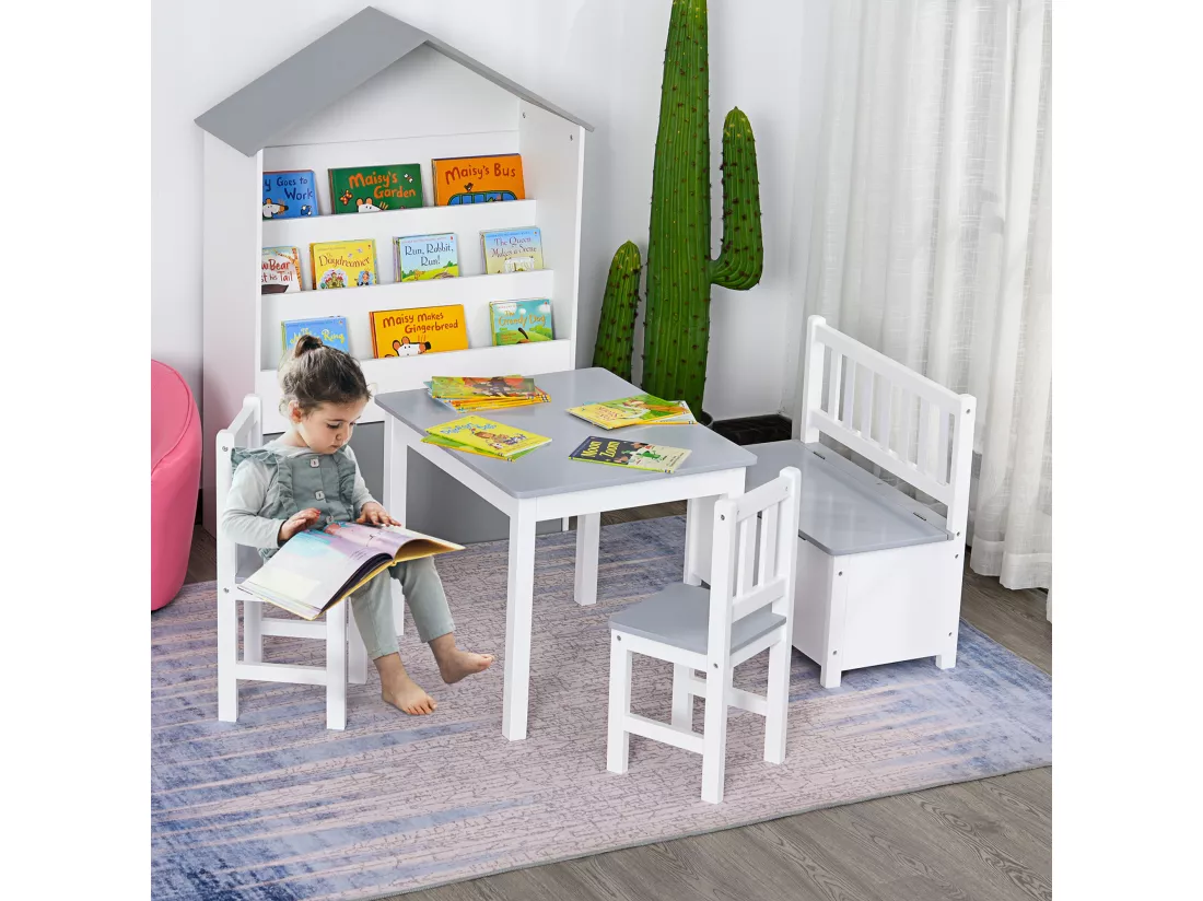 Ensemble de table et chaises enfant - set de 4 pièces - table, 2 chaises, banc coffre 2 en 1 - MDF pin blanc gris
