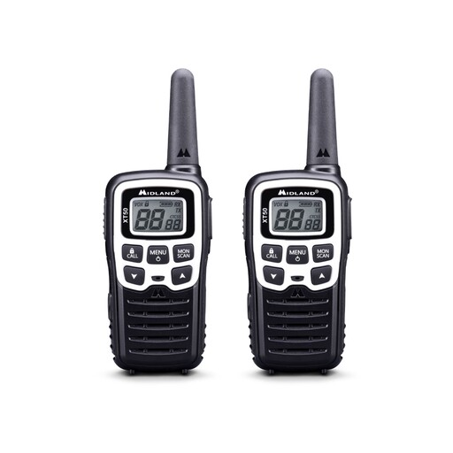 Rádio comunicador Midland XT50 Adventure, alcance de 8 km, com estojo e 2 fones de ouvido.