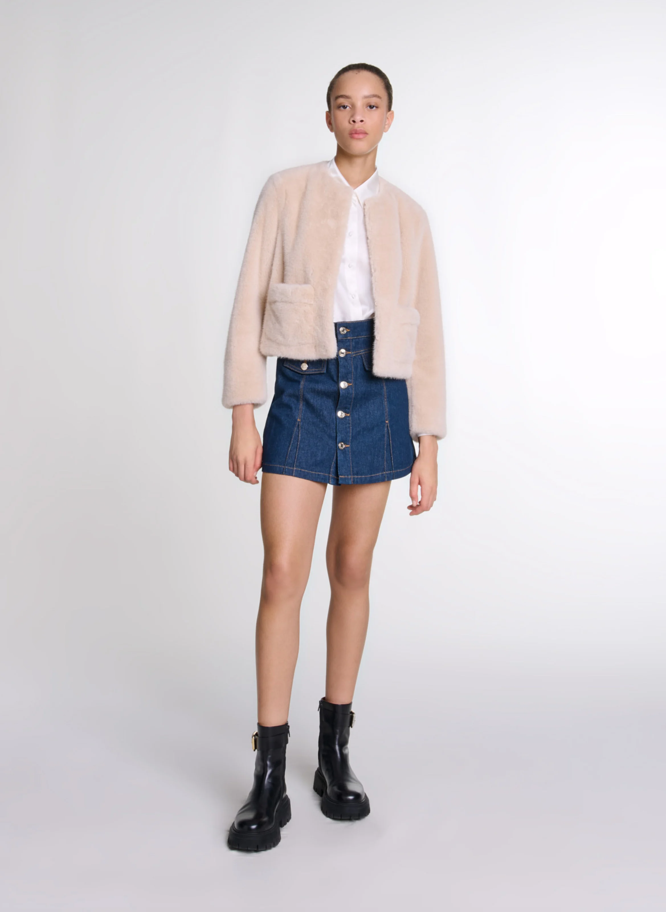 Veste col rond effet fourrure | Beige