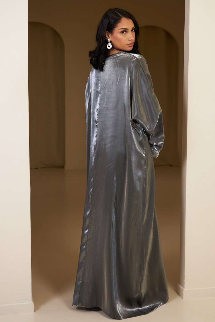 Ensemble 2 pièces abaya + gilet satiné gris