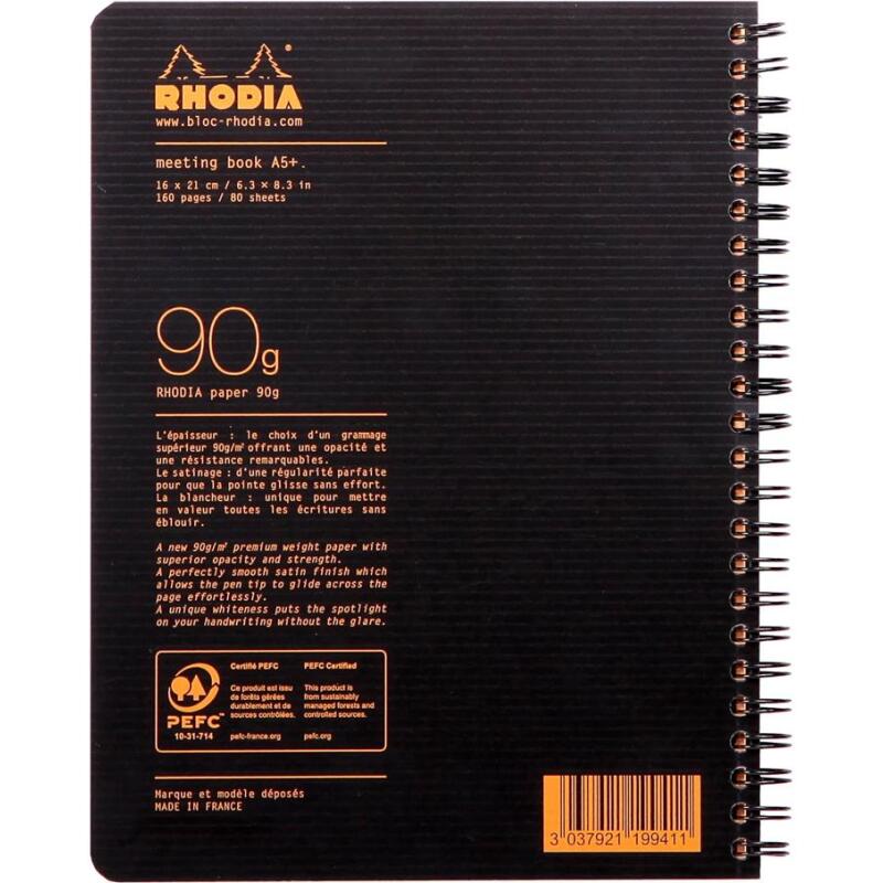 Meetingbook Rhodiactive 90g reliure intégrale A5+ 160 pages microperforé non perforé - Noir
