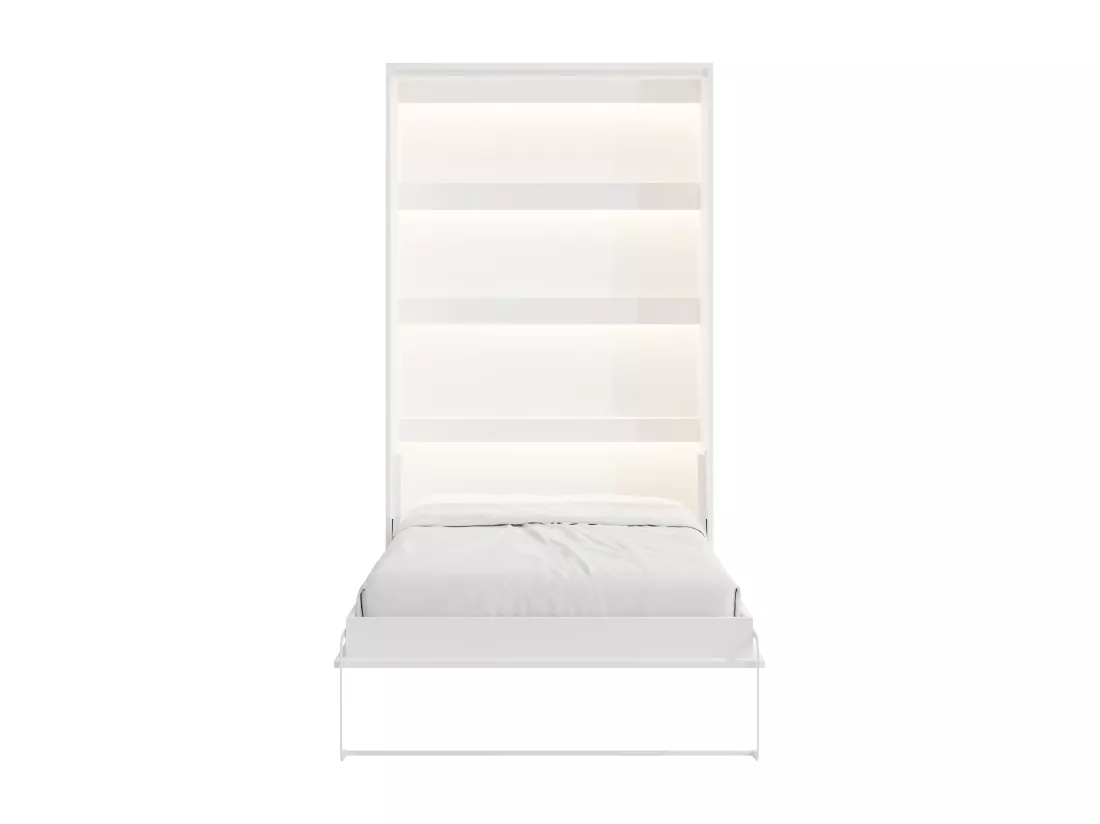 Lit escamotable 120 x 200 cm - Ouverture verticale manuelle - Avec LEDs - Blanc + Matelas - RAPILI