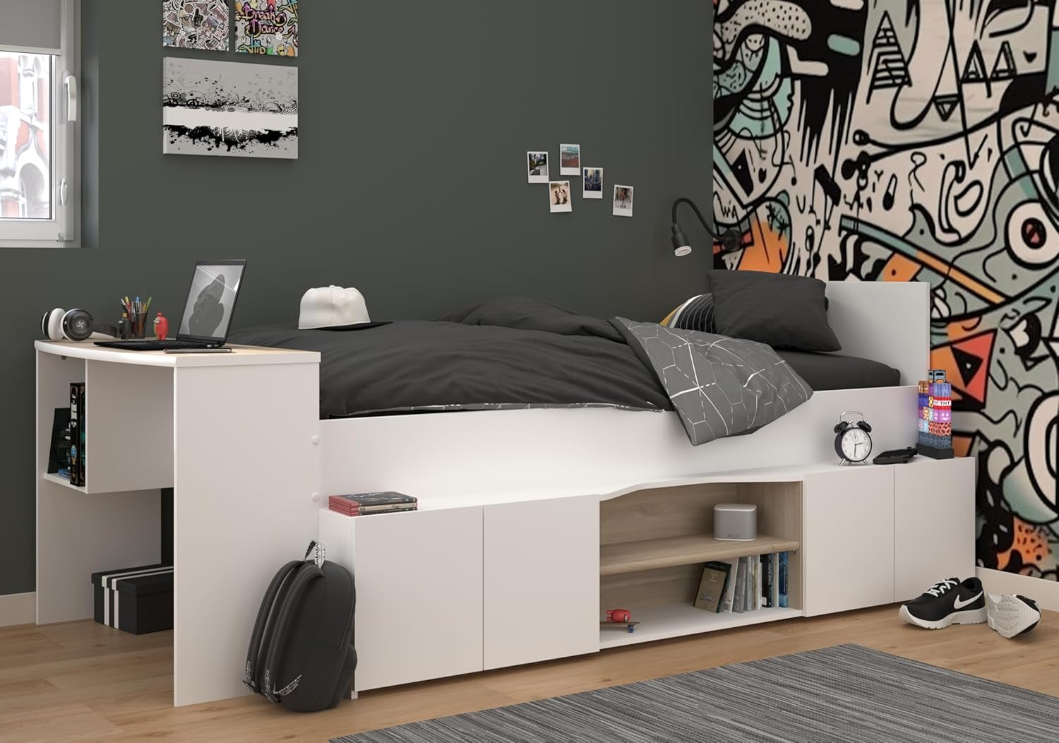 Faizee Möbel Parisot Cleo 1 halbhohes Hochbett Trittstufen Ablageflächen Fächer Schreibtisch Stauraum Kinderzimmer Jugendzimmer Junge Mädchen Weiss Eiche