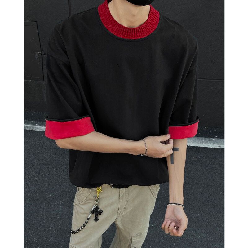 VEAZ - T-shirt met ronde hals, elleboogmouwen en contrasterende bies