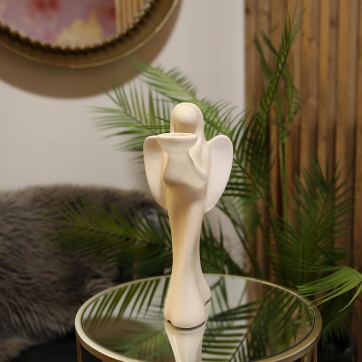 GILDE Engel theelichthouder, hoogte 37cm, breedte 16cm, crème keramiek