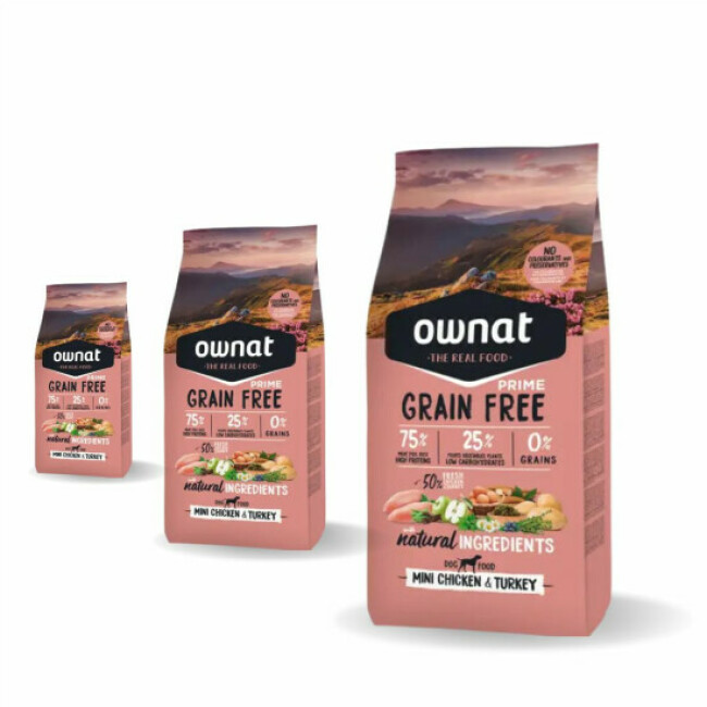 Croquettes Ownat Prime Mini sans céréales dinde et poulet pour petit chien
