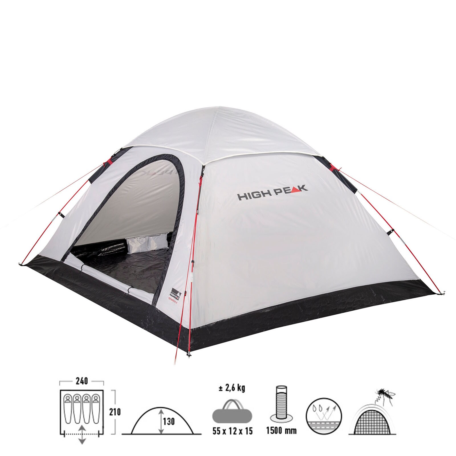 HIGH PEAK Kuppelzelt Monodome XL 4 Personen Camping Bike Zelt Familienzelt Groß Farbe: schwarz