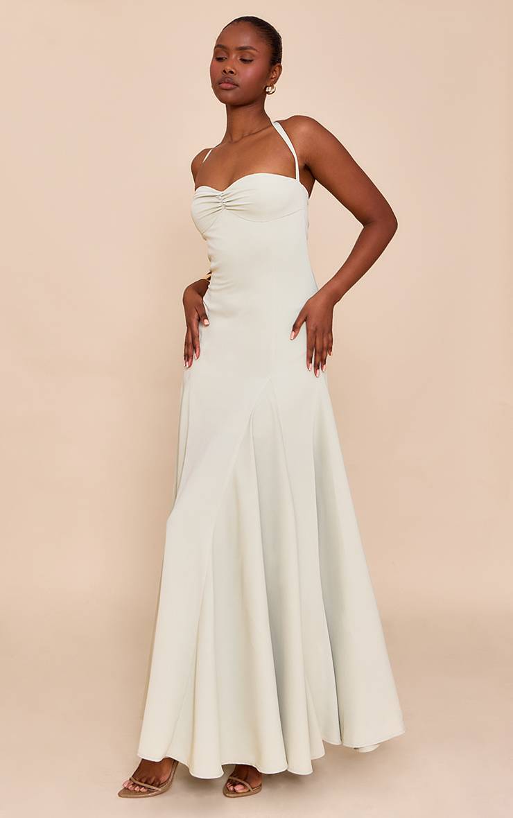 Vert Sauge Robe Longue Tissée À Encolure Américaine Avec Détail Froncé Au Buste