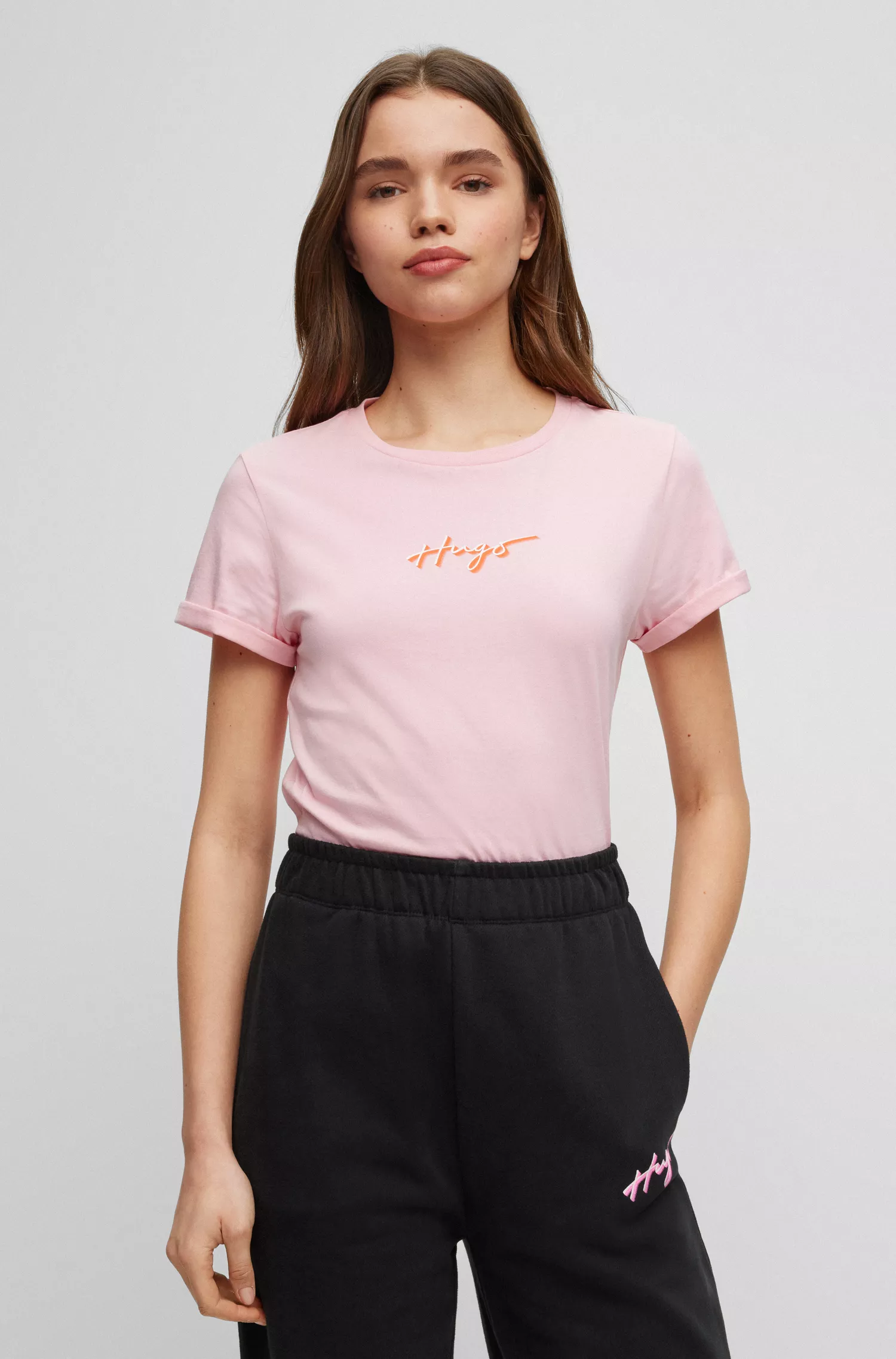 Camiseta HUGO vermelha de malha de algodão com modelagem slim e logo em estilo grafite.