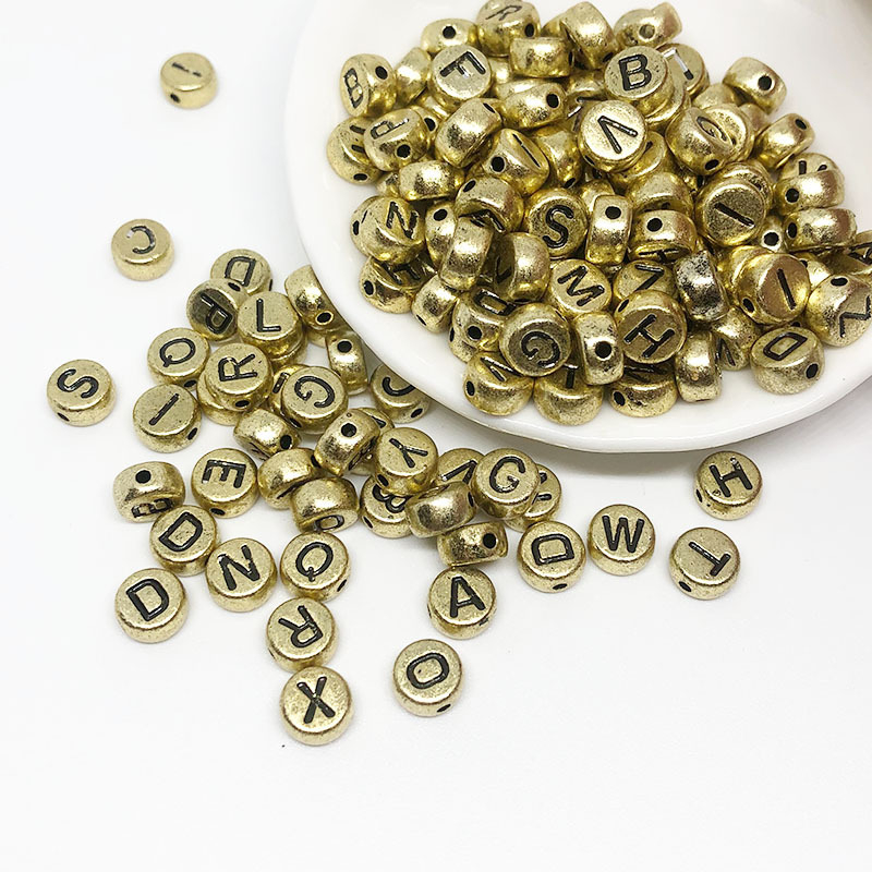 (100er Set) Buchstaben Perlen DIY Bastel Schmuck Zwischenperle für Armband / Kette - Gold / Schwarz