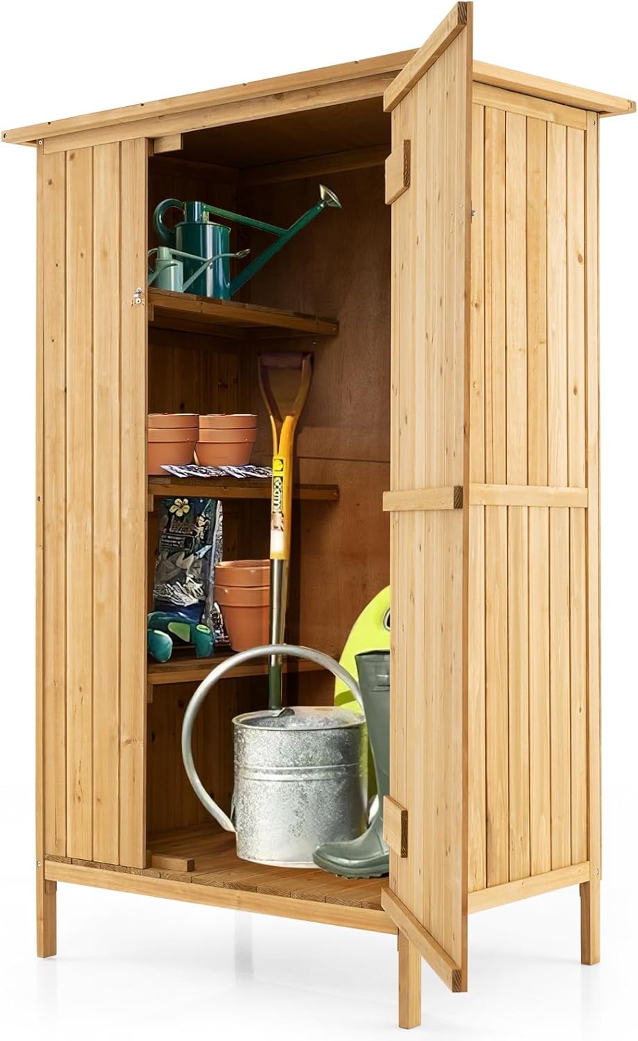 COSTWAY Gartenschrank Holz, Geräteschuppen mit Asphalt-Dach & 3 Regalen & 5 Haken, Gerätehaus mit Abschließbare Tür, Outdoor Gartenhaus für Hinterhof, Terrasse, 91 x 66 x 150 cm