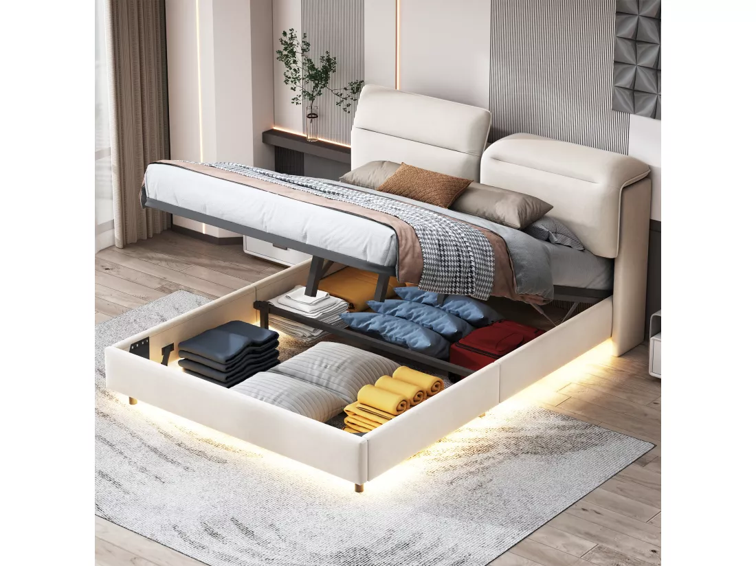 Lit coffre 160x200cm en tissu velous - avec tête de lit pliante et sommier à lattes - Beige