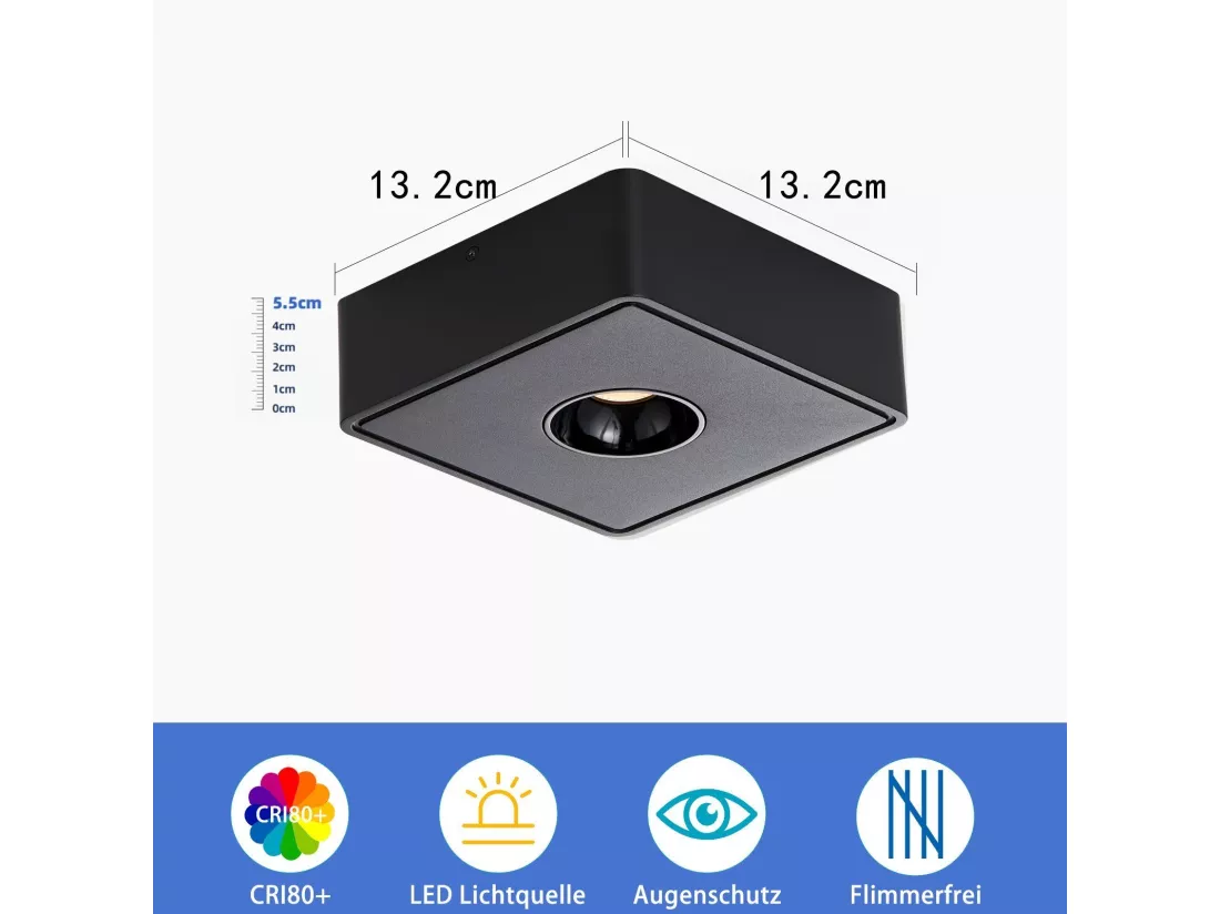 NETTLIFE Spot de Plafond LED noir 7W en saillie angulaire blanc chaud petit plafonnier pour salon couloir chambre salle à manger cuisine restaurant