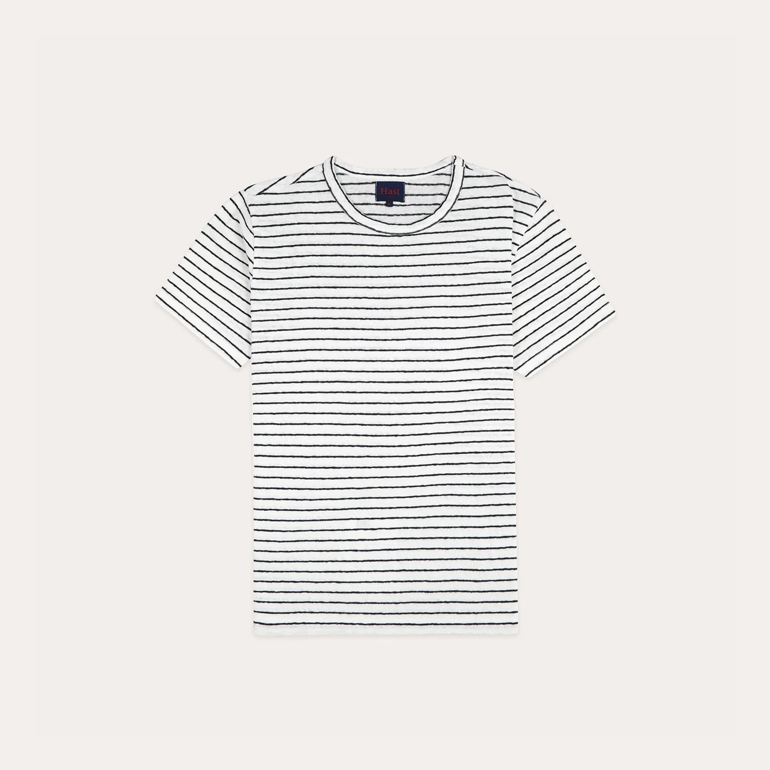 Ecru cotton and linen T-shirt with navy stripes