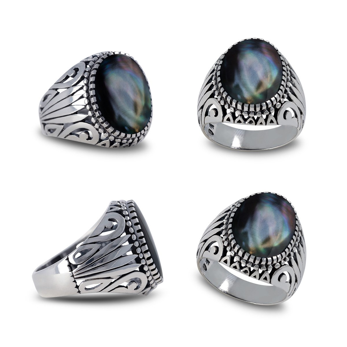 Bague Biker Homme en Argent Massif Vieilli et Nacre Noire - Idée Cadeau Toutes Occasions | Aden