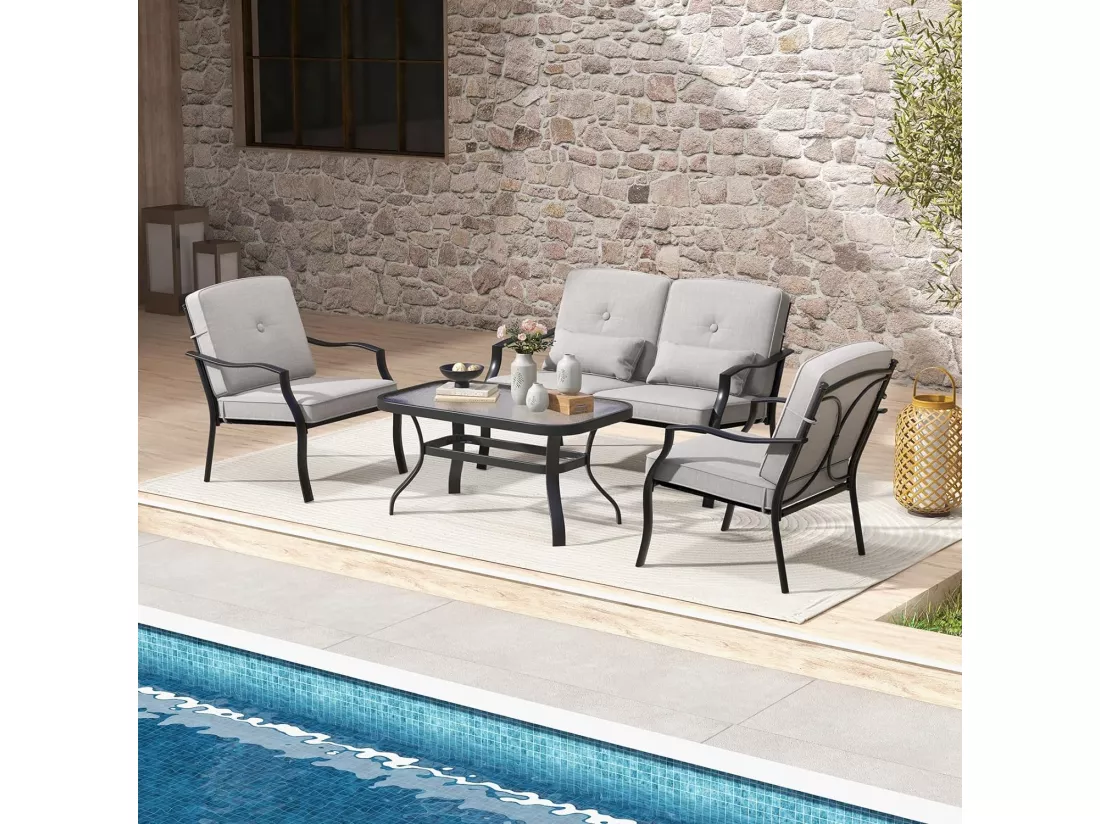 Salon de Jardin 4 Pièces avec Table Basse en Verre Trempé et Coussins Charge 300KG, Ensemble de Canapés de Terrasse avec Cadre Métallique 4 Places, pour Patio Balcon Terrasse