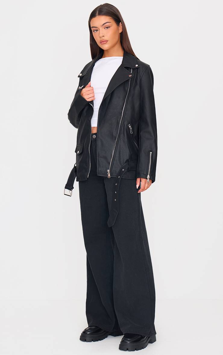 Noir Veste De Motard Longue Ceinturée En Synthétique