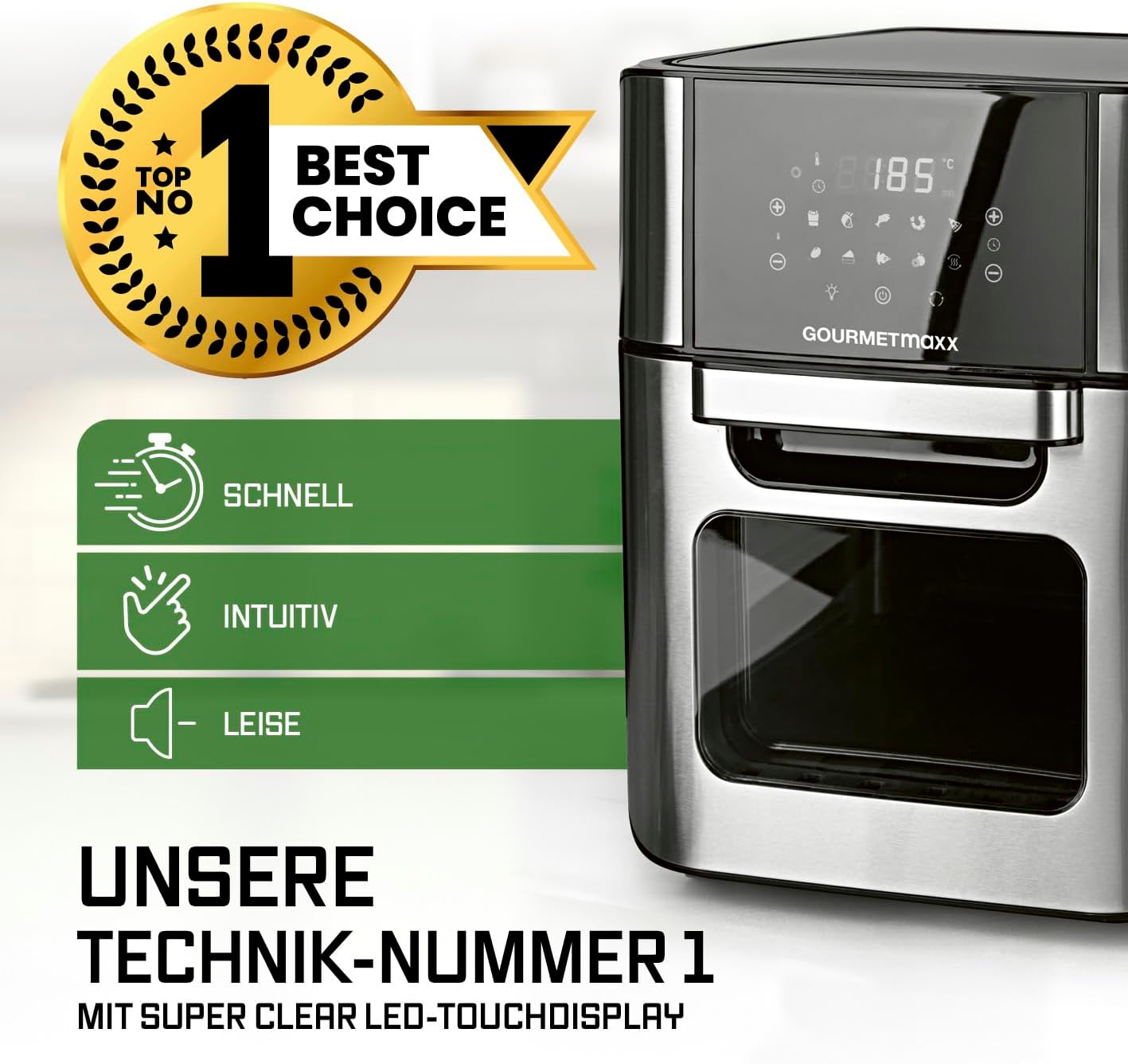 GOURMETmaxx Digitale Heißluftfritteuse 12 L, XXL-Edelstahl-Ofen | Airfryer + Timer, Touchdisplay, Drehspieß | fettarm, energiesparend frittieren | 10 Programme inkl. Pizza | 1800 W