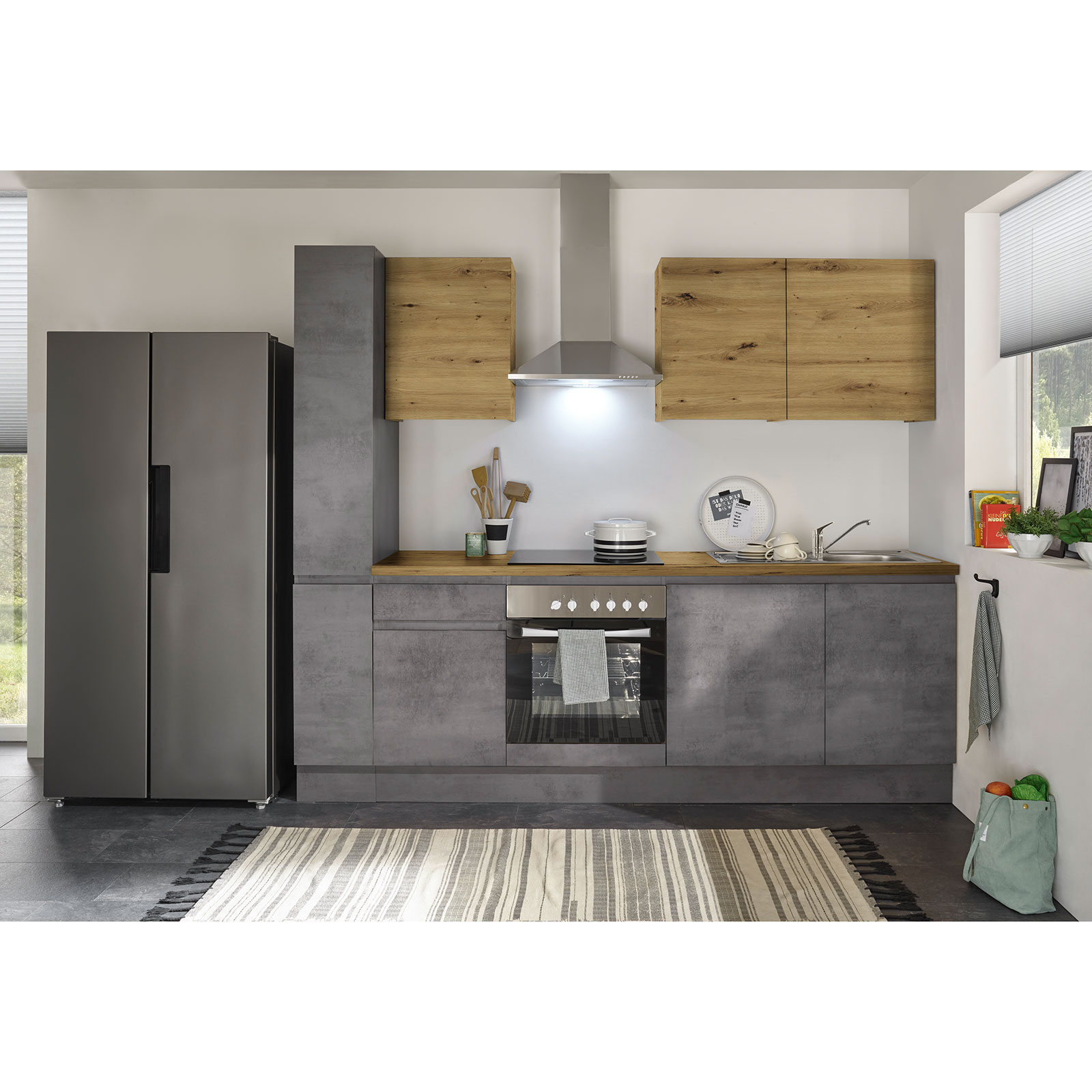 Küchenblock - Chromix anthrazit - Artisan Eiche - mit E-Geräten - 250 cm