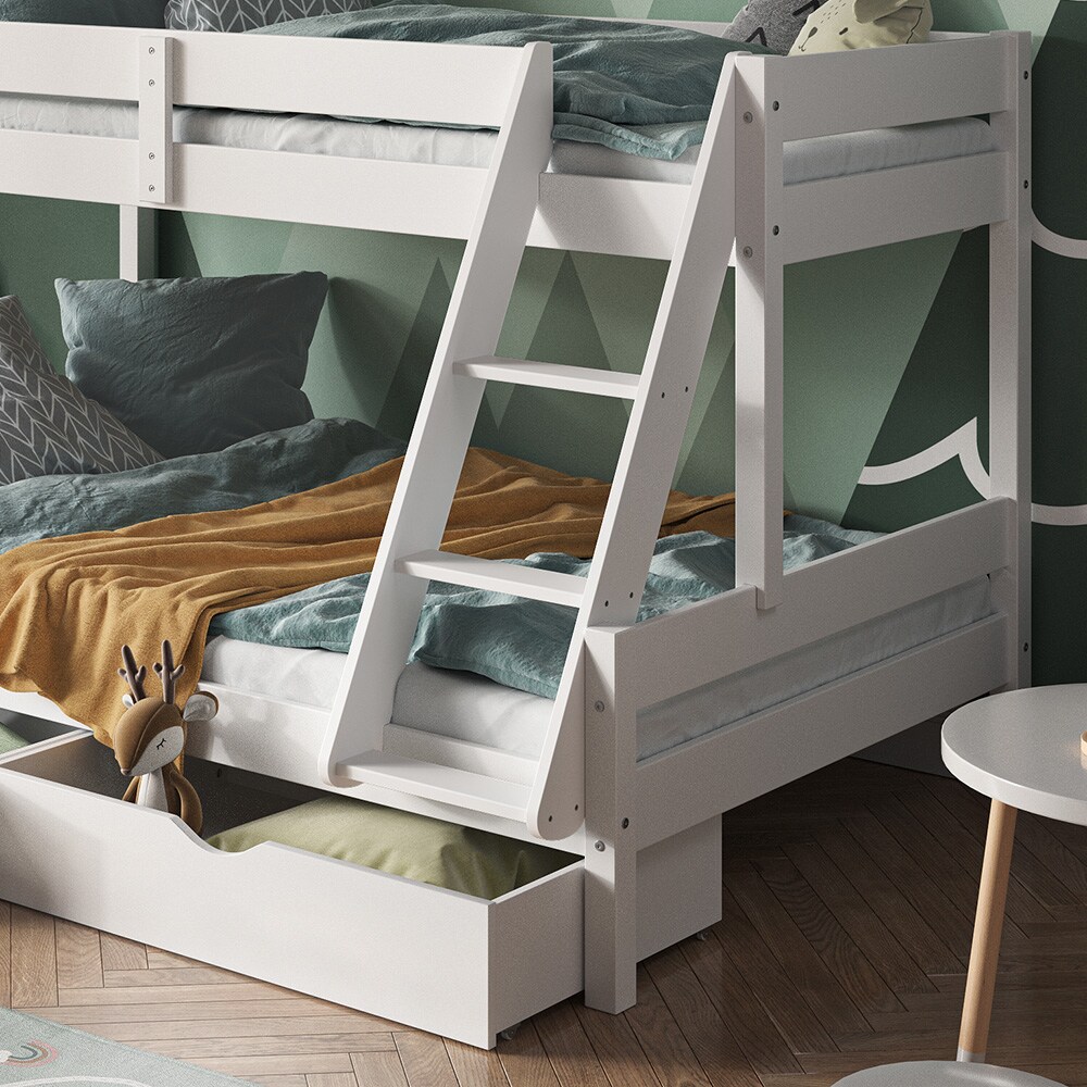 VitaliSpa Hochbett Kinderbett Spielbett Everest Weiß modern 120x200 Massivholz Kinderzimmer Bett Lattenrost Bettleiter Kletterbett Doppelbett Geschwisterbett Bettschublade Rollschublade Matratze