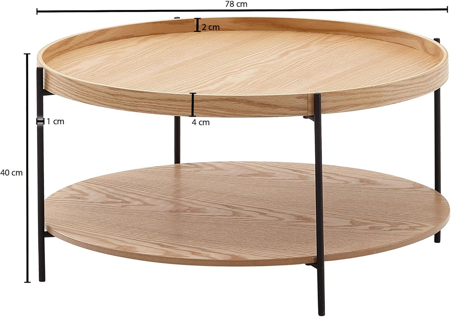 FineBuy Couchtisch Rund 80cm MDF Holz & Metall Skandinavisches Eiche Design – Moderner Wohnzimmertisch mit großer Ablage – Design Sofatisch für Wohnzimmer