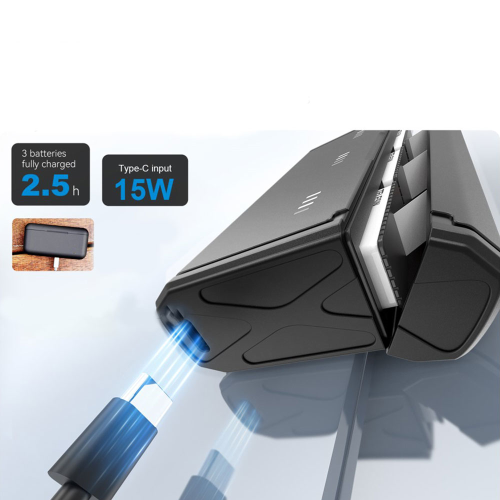 GoPro Hero 12 Black / 11 Black / 10 Black / 9 Black 3-fach USB C Akku Box Ladegerät mit Micro SD Kartenfach - Schwarz