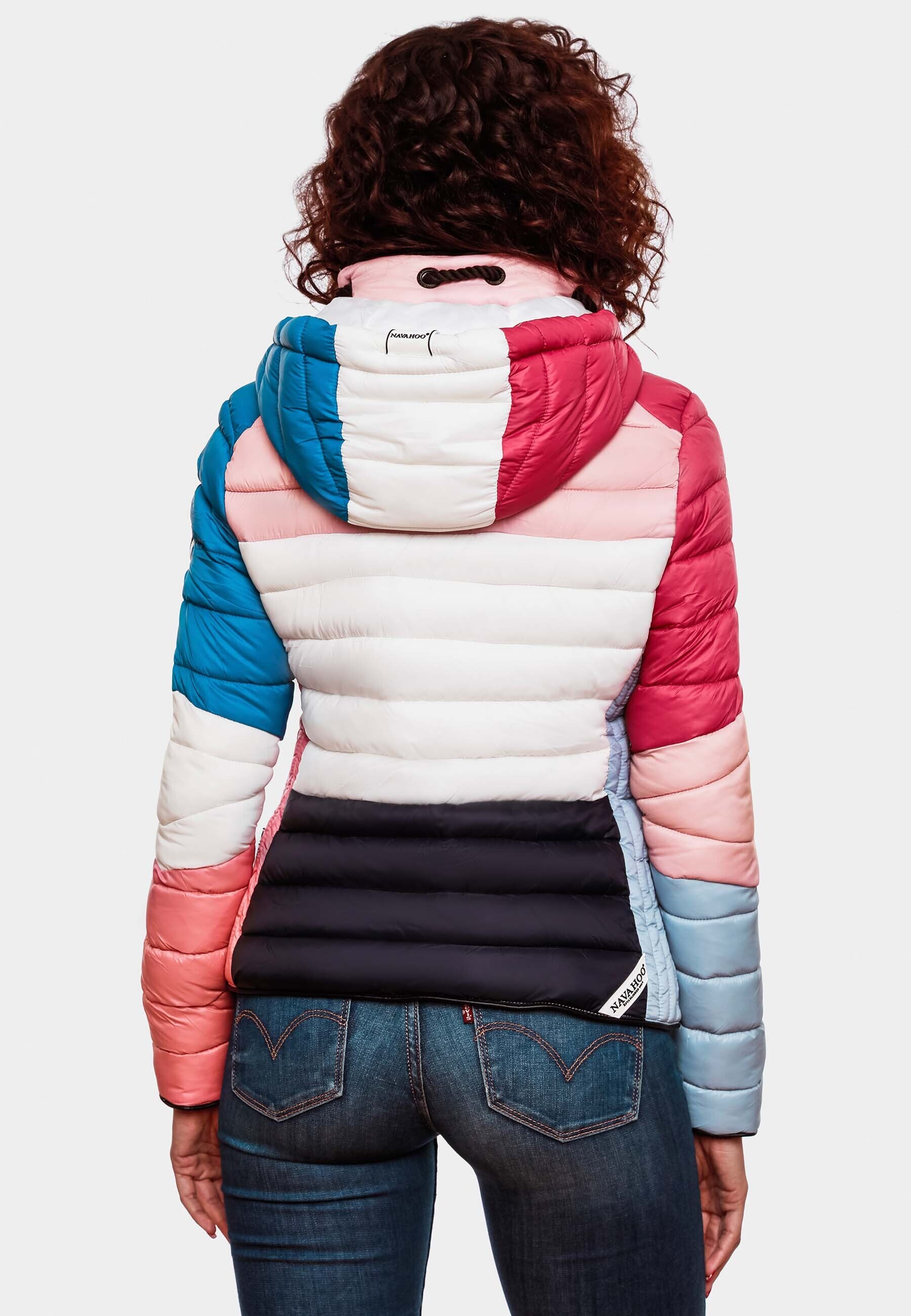 NAVAHOO Damen Steppjacke leichte Übergangsjacke mit Kapuze im Colourblocking Stil Lulana Multikulti