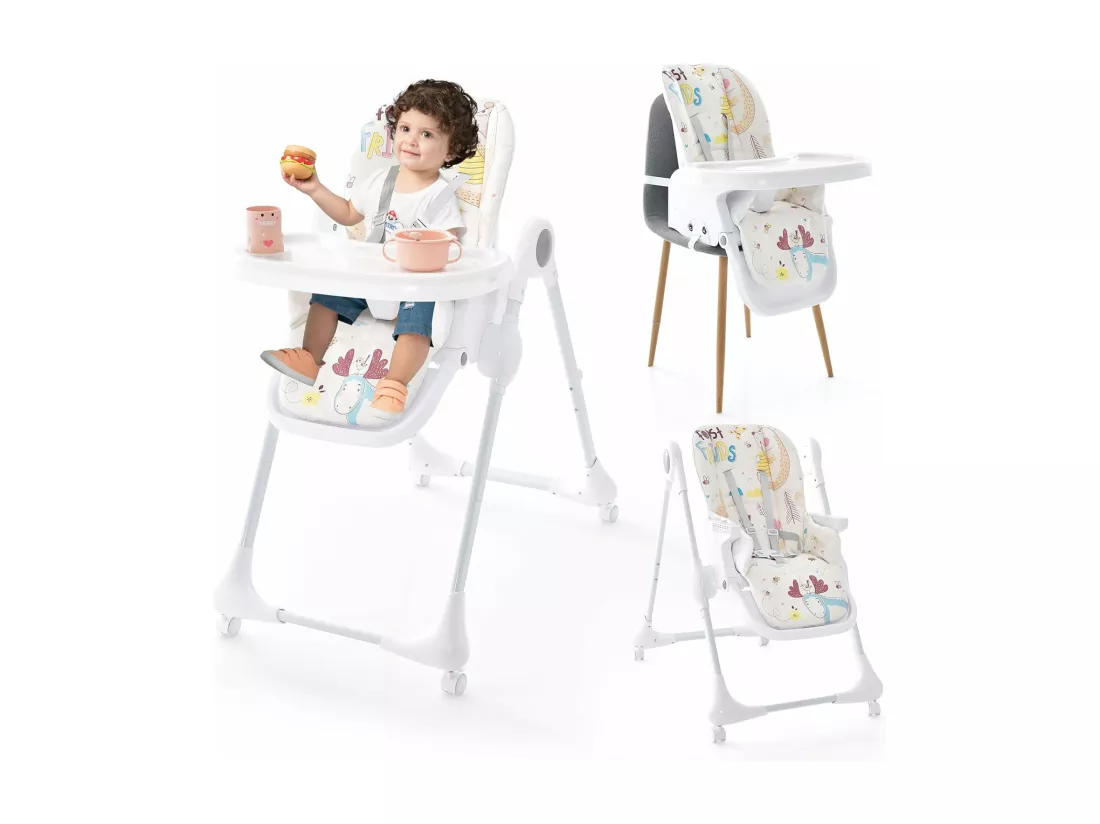 Chaise Haute Bébé Pliable 3 en 1, Chaise Haute Bébé Évolutive avec Double Plateau Amovible et Réglable, 7 Hauteurs et 3 Angles d'Inclinaison, Roue Verrouillable, 6-36 Mois, Max 23KG (Beige)