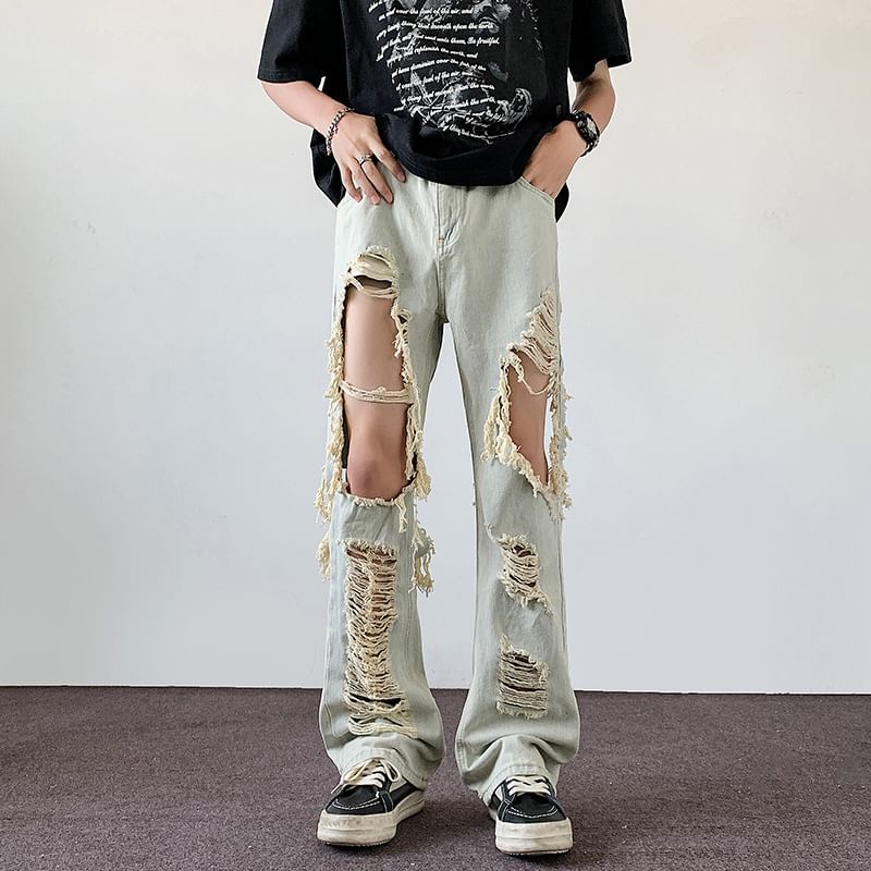 Phoneus - Low Rise Cutout Washed Distressed Loose Fit Jeans