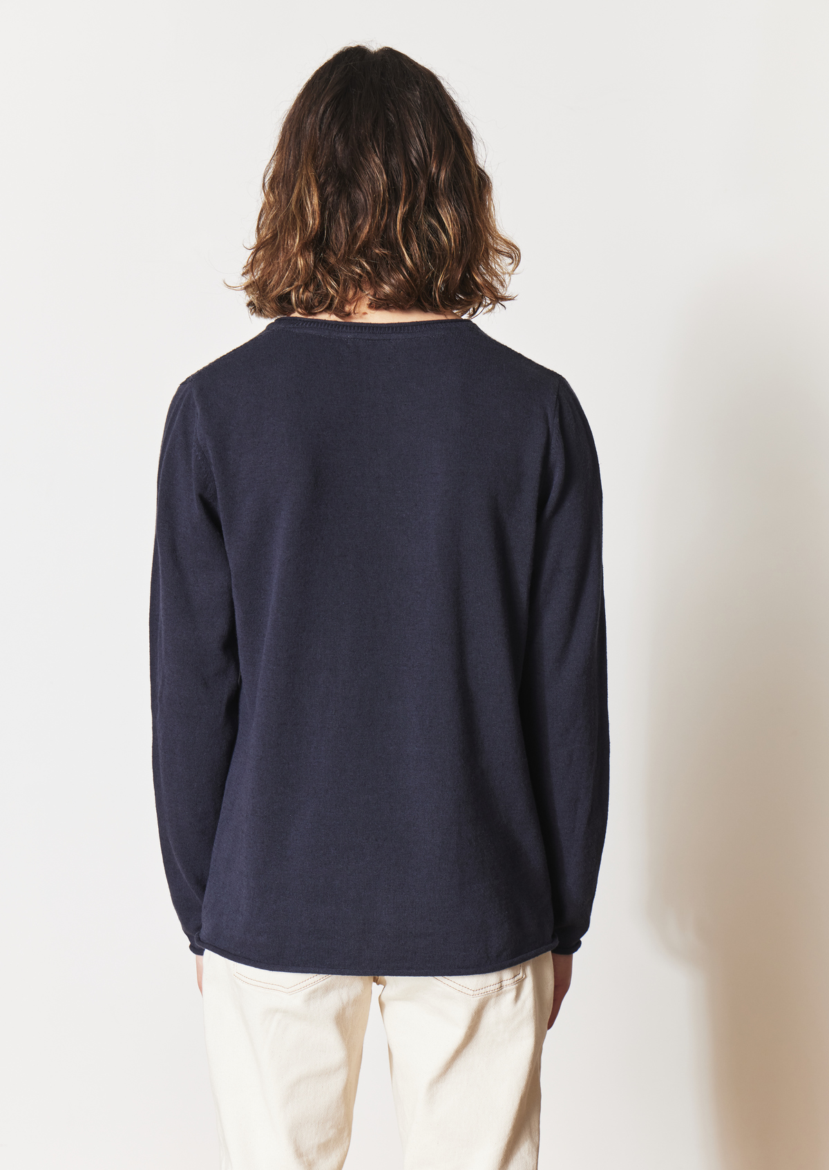 Pull col tunisien en coton et lin unis bleu marine