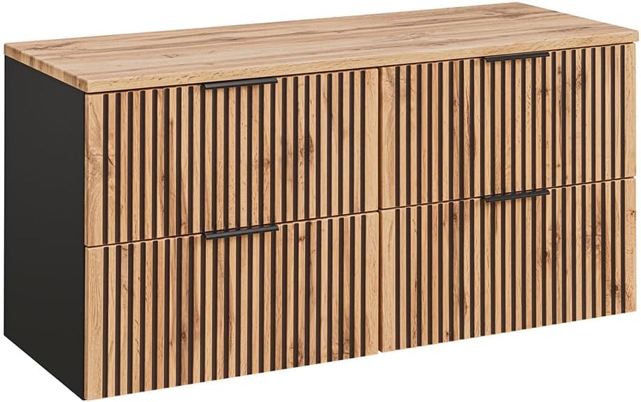 Lomadox Waschtischunterschrank Unterschrank 120 cm mit Waschtischplatte für 2 Aufsatzwaschbecken anthrazit mit Eiche Nb. schwarz gerillt, (BxHxT) 120,6x59,2x46,5 cm