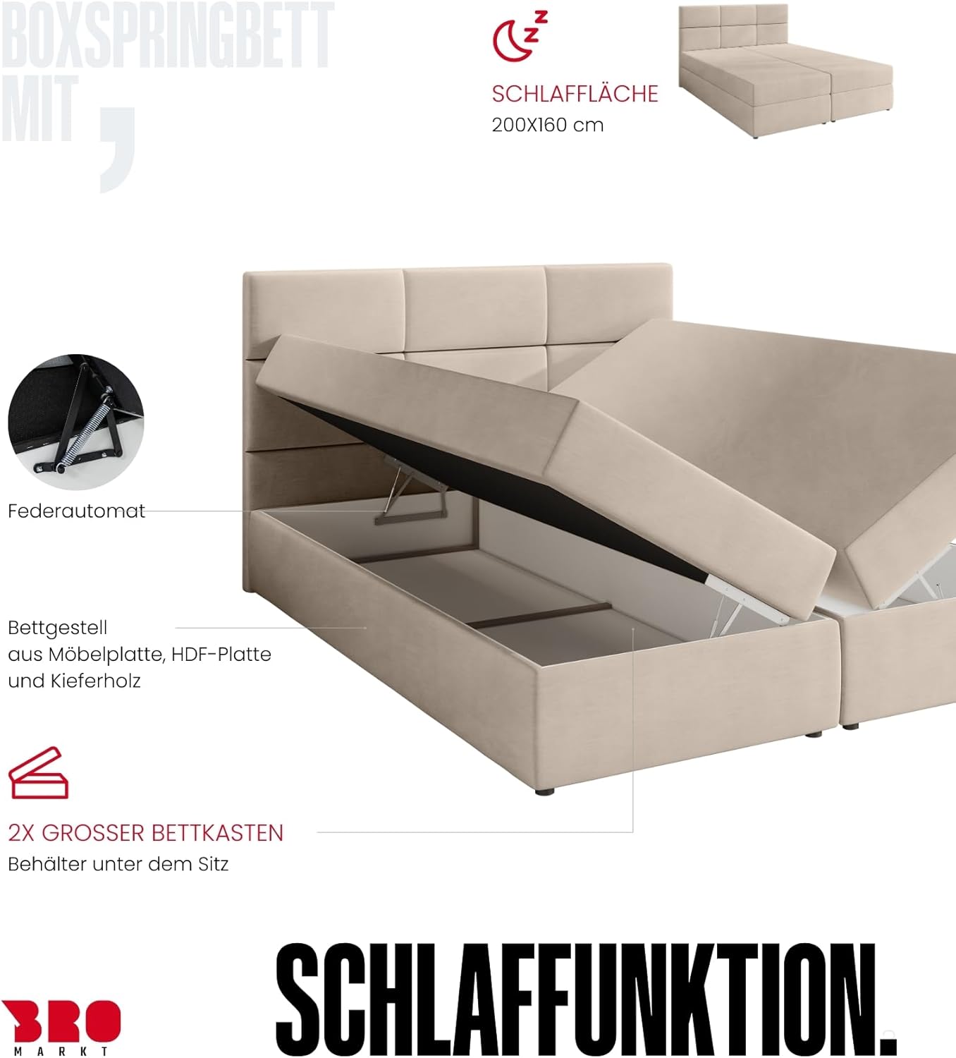 BROMARKT Boxspringbett mit Bettkasten Polsterbett mit Bonell-Matratze und Topper Doppelbett mit Stauraum Bett für Schlafzimmer gepolstertes Kopfteil Boston 160x200 Härtegrad H3 Samtstoff Puderrosa