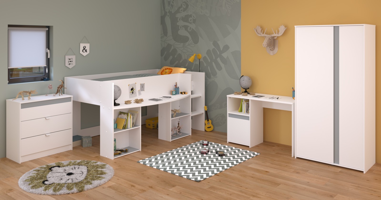 4-teiliges Kinderzimmer PIROUETTE 11 - weiß -rosa oder grau - 90x200 cm