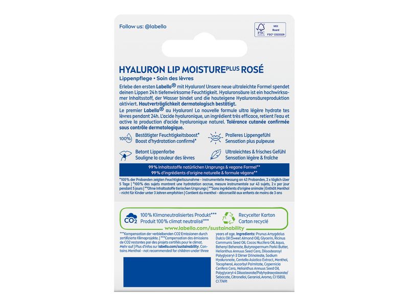LABELLO Lippenpomade Hyaluron Moisture Plus Rosé 5.2 g Innovative Lippenbalsam-Formel mit Hyaluron und Mentol für 24 Std. Feuchtigkeit