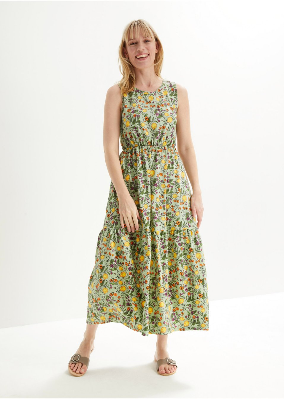 Robe midi à col rond et volant, sans manches