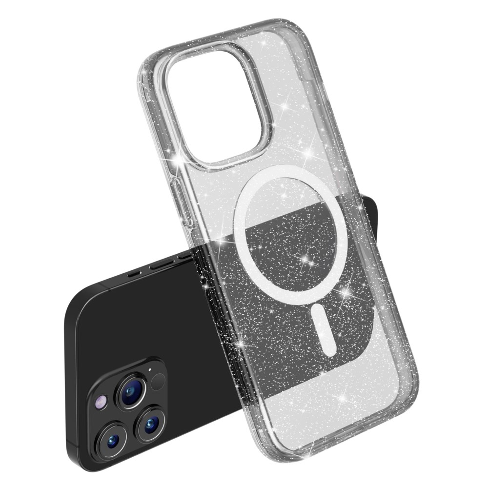 iPhone 15 Pro Max MagSafe Hybrid Hardcase Hülle mit TPU Bumper Glitzer Design - Schwarz / Transparent