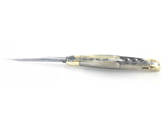 Laguiole Tradition 12 cm - 2 mitres Laiton - 3 pièces - Ponte de Corne - Acier Carbone Couteau de Poche Forge de Laguiole